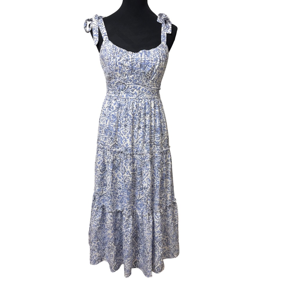 Trixxi Blue White Paisley Tiered Maxi Dress Tie Strap Smocked Back M 26DZ93VGKI